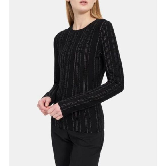 NWT - THEORY Slim Crew Pullover Sweater Black Eggshell Prosecco, Sz S - Picture 1 of 8